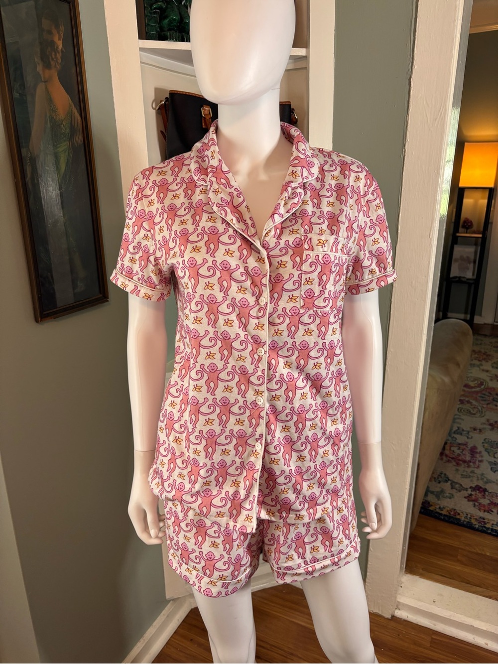 Women’s Pink Monkey Pajama Shorts Shirt Set Small S Unbranded